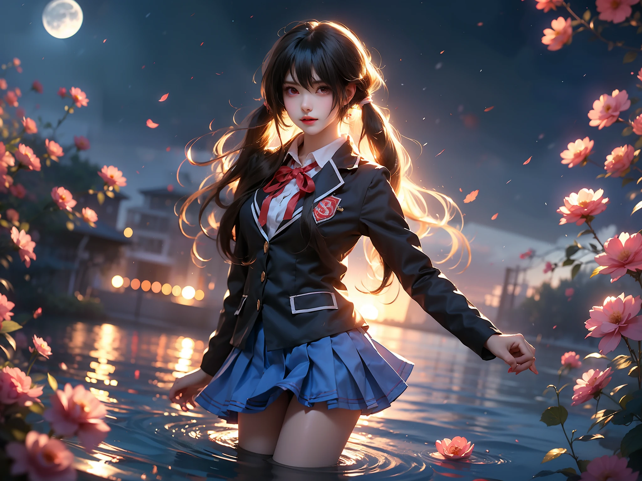 tokisaki kurumi
sobu high school uniform
cosplay,
school uniform, blazer, collared shirt, neck ribbon, pleated skirt, pantyhose, hair rings, loafers,
hair over one eye, low twintails, (High quality details), 1 Girl, solo, Young women, Elegant Posture, ((night, moonlight)), (Female figure，Lie flat in the water，Relaxed expression), (Focus on natural body posture and correct anatomy:1.3), (Perfect leg proportions:1.3)，(True and accurate leg shape:1.2), ((Natural leg position)), The skirt is very short, One hand stroked the hem of the skirt, Lift the hem of the skirt, Bare shoulders, Natural posture, Soft expression, Exquisite makeup, Soft blush, Bright Eyes, Soft lips, Flower fairy style, ((Anatomically accurate)), (Real natural legs), Smooth skin, Soft lighting, high resolution, 8K Ultra HD, Clear focus, Professional photography effects, Random elegant scenes, Multi-angle shooting