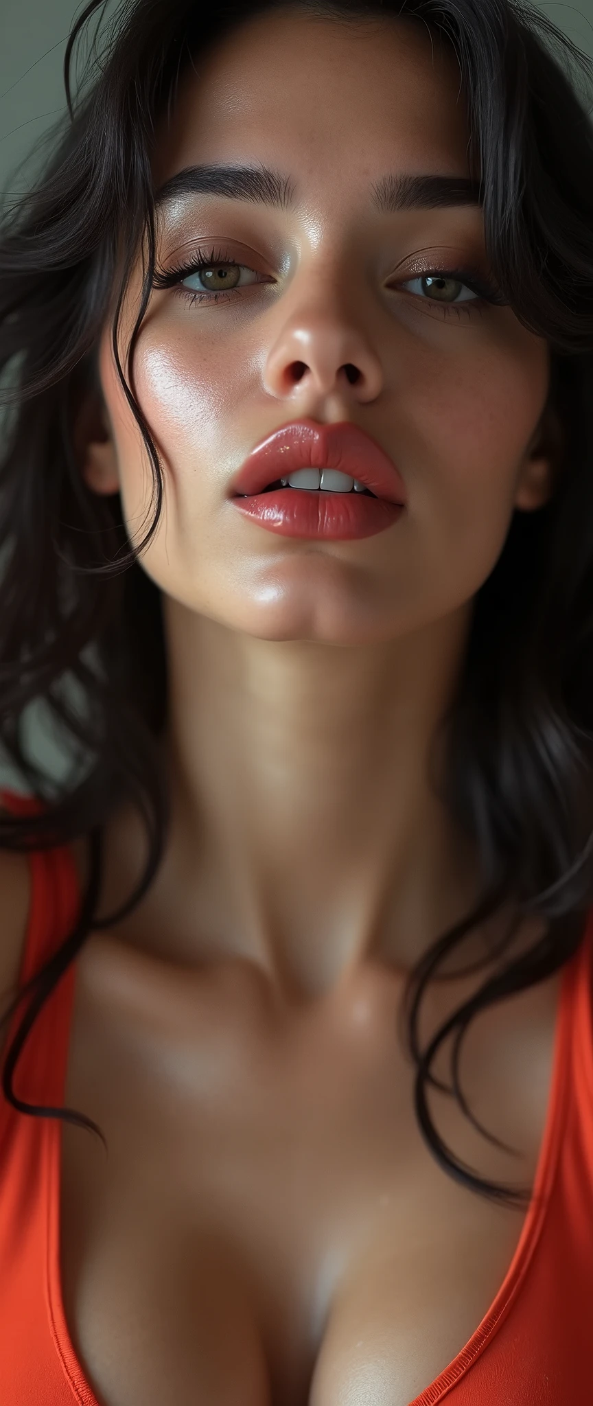 ,dark gray background, wide hips, thin waist, toned body 20 year old woman medium sized lips, long eyelashes professional ripped and torn tight white t-shirt, red lipstick big lips , (huge breasts and large bicep muscles very muscular)) mouth wide, long brown hair , cinematic film still cinematic photo beautiful woman, pearl necklace . 35mm photograph, film, , professional, 4k, highly detailed . shallow depth of field, vignette, highly detailed, high budget Hollywood movie, , cinemascope, moody, epic, gorgeous, film grain, . Textured, distressed, vintage,clear_sharp_image,1girl,head back,
