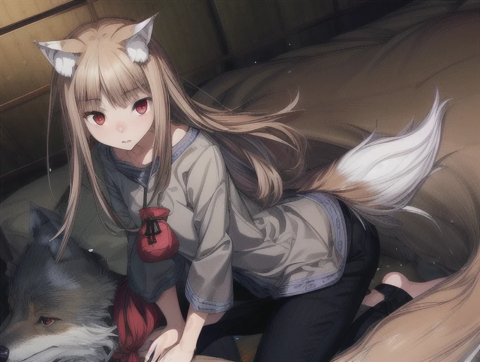 1girl, animal ears,wolf ears, tail, Wolf tail, red eyes, wolf girl, brown hair,long hair, Hemp clothing, Pouch, (extremely detailed CG unity 8k wallpaper), (highest quality), (ultra-detailed), (best illustrations), Homer、Riding on the cargo bed、Touching the tail、 