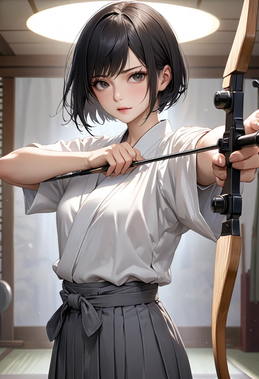 {{masterpiece、Highest quality、(((Realistic、Realistic:1.37)))、One Girl, 8K quality、Very delicate and beautiful、wonderful、Large file size、Very detailed、Very detailed、Cinema Lighting}}、Small breasts, Hinyuu,Tomboy,Looks like a boy,Very short hair,Black Hair,Haircut,Short sleeve,,Bow and Arrow,Target,aiming Target,(White kimono) (Gray Hakama),kimono,Japanese Dojo, Draw an anatomically accurate human body、Japanese feudal lord&#39;s rooms and gardens&#39;residence of、Bow and arrow in hand，Combat Stance，Dignified,Right Action、Bow and Arrowを持つ手