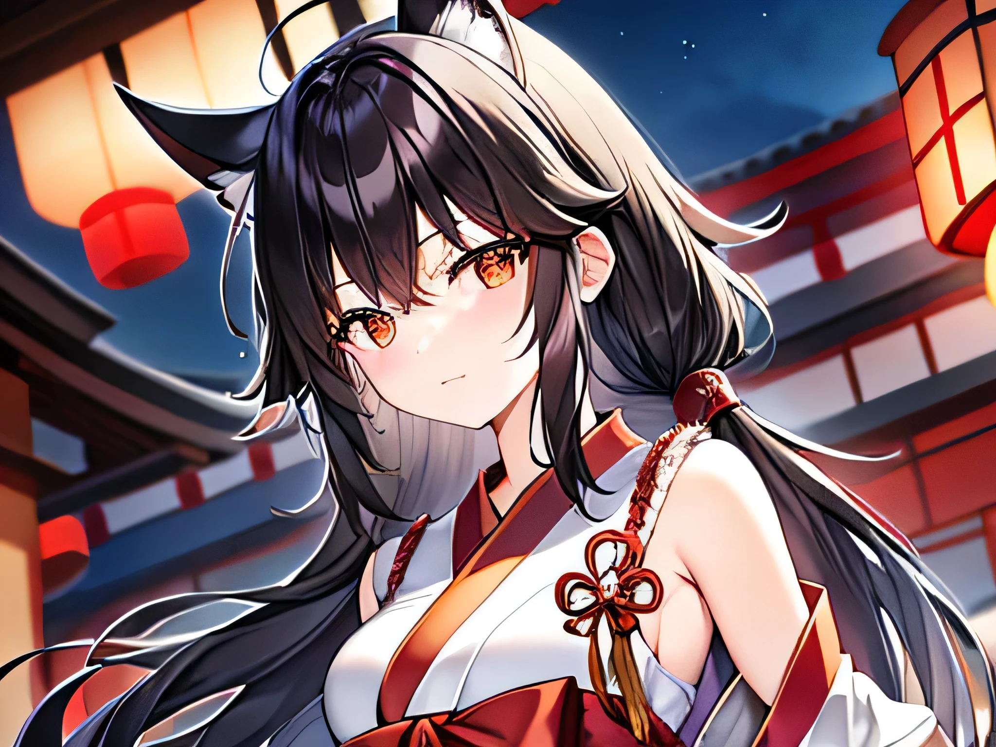 generate a picture of a black hair miko wearing traditional Japanese outfit