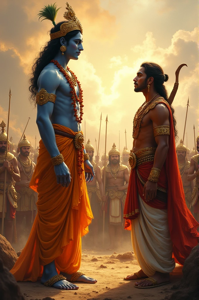 Scene Overview
The image captures an iconic and grand moment from the Indian epic, *Mahabharata*, with a dynamic sense of motion and divine presence. It shows Lord Krishna leading a chariot with Arjuna as they ride into battle, a highly symbolic and significant moment in the story. The atmosphere is intense yet serene, with an ethereal quality that emphasizes the divinity and righteousness of the figures.
Key Elements:
1. *Lord Krishna*:
- *Position & Pose*: Lord Krishna stands at the front of the chariot in a commanding posture, holding a tall red flag. His left hand is raised slightly, possibly in a blessing or a guiding gesture. His overall stance reflects control, grace, and divine wisdom.
- *Appearance*: Krishna's attire is regal, adorned with golden armor and detailed jewelry. His chest is decorated with layers of necklaces, and he wears golden arm cuffs and a waistband that accentuates his warrior-like stature. A distinctive peacock feather is tucked into his crown, symbolizing his divinity and connection to nature. His face is calm yet authoritative, with eyes that seem to hold both compassion and resolve. His skin tone has a radiant bluish tint, consistent with traditional depictions of Lord Krishna.
2. *Arjuna*:
- *Position & Pose*: Arjuna, the great Pandava warrior, stands slightly behind Krishna, leaning forward in readiness for battle. He holds his famous bow tightly, and his body language conveys focus, strength, and a deep trust in Krishna, who is his divine charioteer.
- *Appearance*: Arjuna is similarly dressed in golden armor, with a crown adorning his head. His expression is serious and intense, reflecting his warrior spirit and the gravity of the moment. His armor is intricately designed, with plates and straps covering his chest and shoulders, giving him a look of invincibility and preparedness.
3. *The Chariot*:
- *Design*: The chariot is elaborately decorated, symbolizing the divine nature of the figures it carries. Golden engravings ado