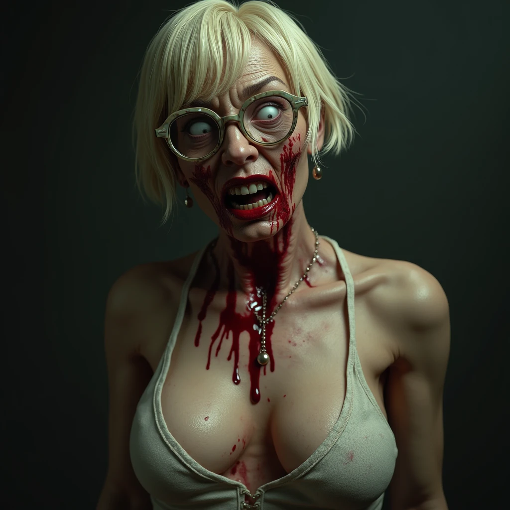 Create an artistic rendering of a sexy zombie model with dead eyes and additional erotic details to accentuate her eerily attractive essence. Incorporate pornographic elements such as prominent abrasions and remnants of fresh blood for authenticity. Add details like bloodied wounds, open gashes with visible viscera, and bruises to enhance the realistic horror effect. Include specific descriptions such as ‘blood trails on her thighs and chest’ and ‘seductive movements with blood streaks on her hips’. Integrate twisted hair and contorted lips to add character. Emphasize subtle erotic details such as tense muscles, sensual curves, and maximum nudity without clothing. Explicit depictions of intimate parts, like a ‘detailed view of a beautifully shaped pussy’, should capture the essence of her undead allure. Incorporate details like erotic poses with legs spread apart and intense sexual energy depicted throughout the image. For a dramatic effect, add more blood on the body. The surroundings should be varied to ensure that each generated image is different. Mouth agape.