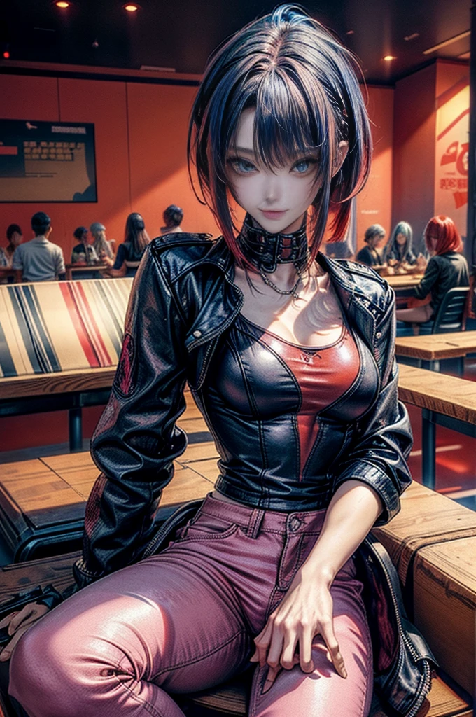 Cinema Lighting、highest quality,Cyberpunk World、1 female、Black Theme、(20-year-old beauty、Normal chest、Slender body、blue eyes)(Beautiful red hair、Medium Bob Hairstyles:1.3)(smile:1.2)、BREAK(fake leather tee,with Pink jeans and vibrant sneakers:1.0), break、 （Close-up:1.2）(Company cafeteria:1.5)（Sit on a chair:1.2）