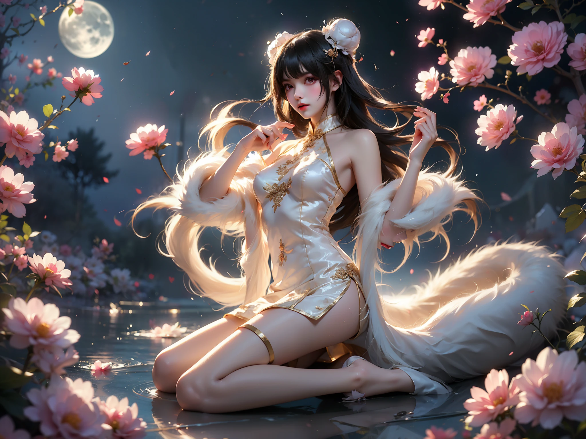 tokisaki kurumi, 1girl, solo,cosplay,
bare shoulders, chinese clothes, feather shawl, china dress, fur trim shawl, lace-trimmed thighhighs,
hair over one eye, long hair, double bun, hair bun, bun cover, (High quality details), 1 Girl, solo, Young women, Elegant Posture, ((night, moonlight)), (Female figure，Lie flat in the water，Relaxed expression), (Focus on natural body posture and correct anatomy:1.3), (Perfect leg proportions:1.3)，(True and accurate leg shape:1.2), ((Natural leg position)), The skirt is very short, One hand stroked the hem of the skirt, Lift the hem of the skirt, Bare shoulders, Natural posture, Soft expression, Exquisite makeup, Soft blush, Bright Eyes, Soft lips, Flower fairy style, ((Anatomically accurate)), (Real natural legs), Smooth skin, Soft lighting, high resolution, 8K Ultra HD, Clear focus, Professional photography effects, Random elegant scenes, Multi-angle shooting