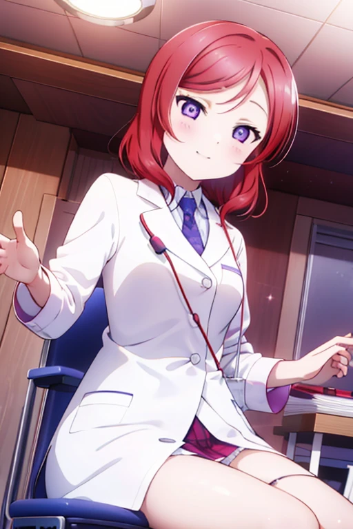 Maki Nishikino、Embarrassed smile、Bedroom、Red hair、Purple Eyes、Long white coat,Wearing a white coat，doctor,Examination room、Put a stethoscope around your neck、Sit in the examination chair、One girl, solo, One girl, 