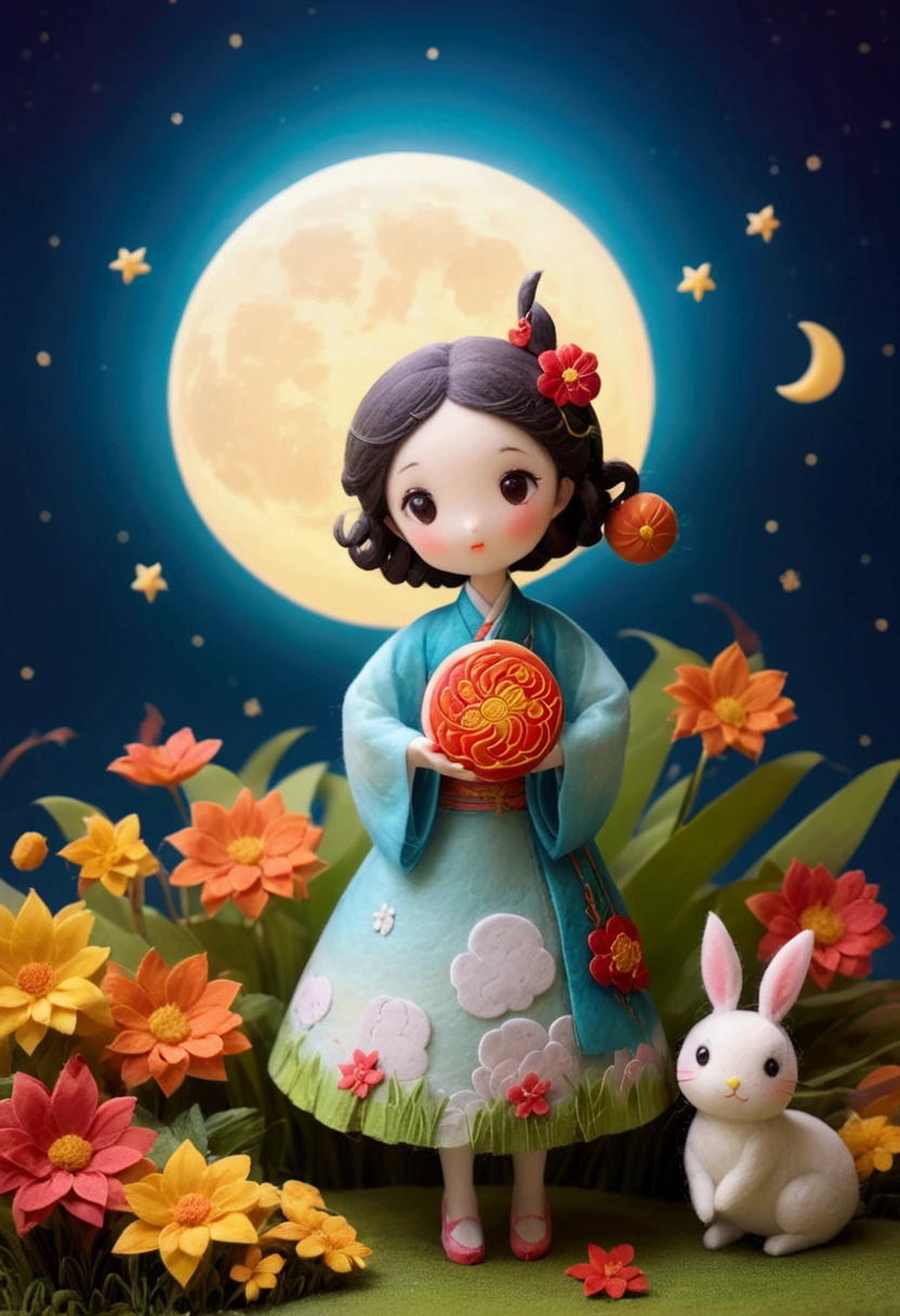 Miniature Photography,Felt style,1 cute girl wearing Hanfu,big eyes,Felt clothing looks soft and warm in the moonlight,The moon is painted with"Mid-Autumn Festival",She stood under the bright moon,Dancing lightly,Surrounded by the tranquil night sky and hazy clouds,There are also shining stars,beside the girl is a huge round mooncake,Looks sweet and delicious,Side,A cute rabbit is holding another moon cake,colorful flowers and grass,the girl is enjoying the joy brought by the festival,the whole scene is full of life and fun,3D Photography,