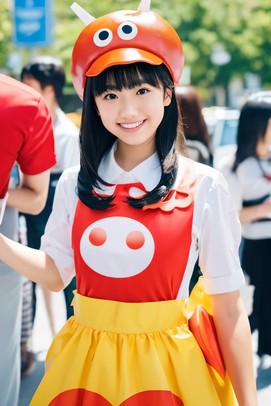 A high-quality, hyper-realistic illustration of a young Japanese woman dressed in a creative costume inspired by a hamburger. The outfit should be playful and imaginative, featuring elements that resemble the layers of a hamburger: a bun-colored top and skirt, with details like lettuce, tomato, cheese, and a patty creatively incorporated into the design. The image has detailed facial features, expressive eyes, and an anatomically correct body structure. The overall composition should be vibrant, playful, and full of character, capturing the unique and fun spirit of the hamburger-inspired costume.