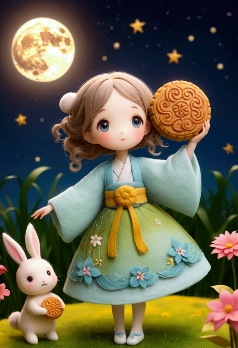 Miniature Photography,Felt style,1 cute girl wearing Hanfu,big eyes,Felt clothing looks soft and warm in the moonlight,The moon is painted with"Mid-Autumn Festival",She stood under the bright moon,Dancing lightly,Surrounded by the tranquil night sky and hazy clouds,There are also shining stars,beside the girl is a huge round mooncake,Looks sweet and delicious,Side,A cute rabbit is holding another moon cake,colorful flowers and grass,the girl is enjoying the joy brought by the festival,the whole scene is full of life and fun,3D Photography,