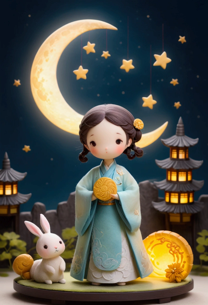 Miniature photography, 3D photography, a cute girl wearing Hanfu. The felt material clothing appears soft and warm under the moonlight, with a glowing moon dancing lightly in the background. Surrounded by a peaceful night sky and hazy clouds, there are sparkling stars. Beside the girl is a huge circular mooncake, which looks sweet and delicious. Beside her, a cute rabbit