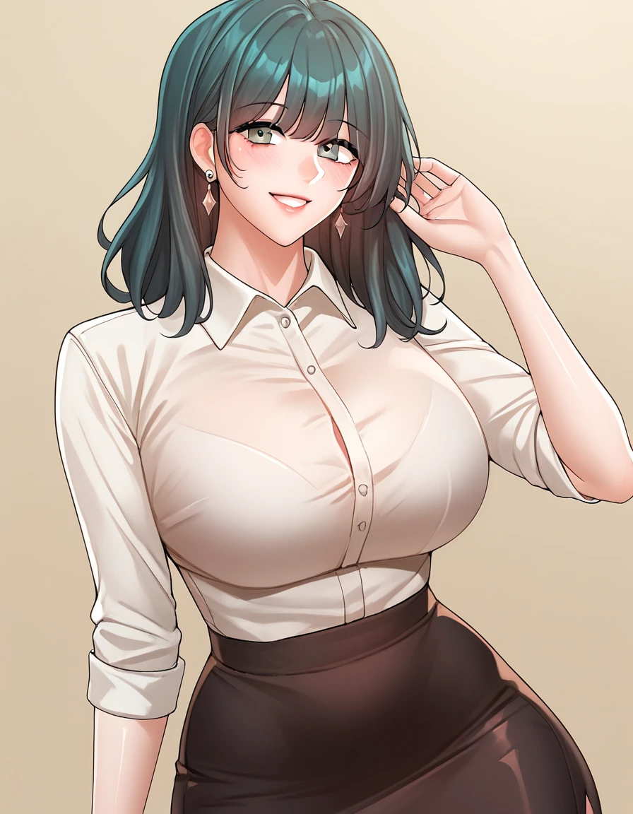 score_9,score_8_up,score_7_up, source_anime, looking at viewer, upper body, smile, blush, cowboy shot fw.yerin, large breasts, pencil skirt, white collared shirt, earrings, jewelry