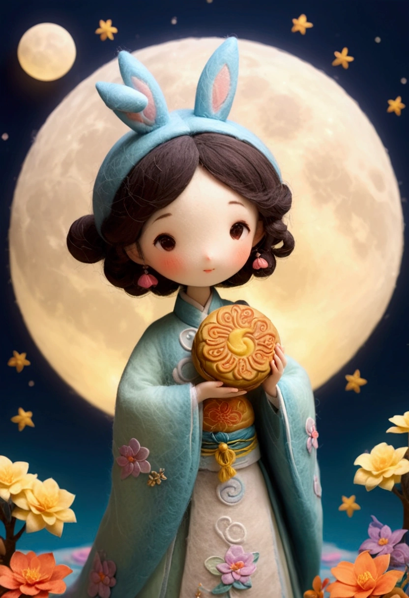 Microphotography,Felt style,1 girl wearing Hanfu,Felt clothing looks soft and warm in the moonlight,She stood under the bright moon,Dancing lightly,Surrounded by the tranquil night sky and hazy clouds,There is a round moon cake next to the girl.,Looks sweet and delicious,Side,A cute rabbit is holding another moon cake,Sparkling stars,Colorful flowers,Seems to be enjoying the food of this festival,Vibrant and fun,3D Photography