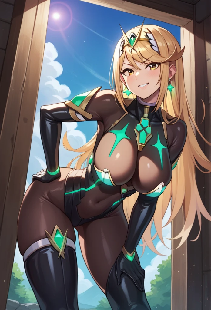 mythra, 1girl, solo, long_hair, breasts, looking_at_viewer, smile, bangs, blonde_hair, large_breasts, yellow_eyes, red_bodysuit, black_bodysuit, latex, cellar, dark, smirk, hand_on_own_hip, hanging_breasts, from_below, (leaning_forward:1.2)