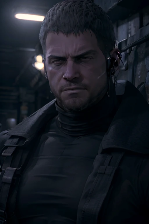 Dark gothic village in the background, old Chris Redfield from Resident Evil 8, 4, muscular male, tall and hunk, black cold turtleneck, straps, earpiece, beard, handsome face, deadpan, video games style, high resolution:1.2, best quality, masterpiece, dark nightime, dark atmosphere, volumetric lighting, shadow, potrait, face close up