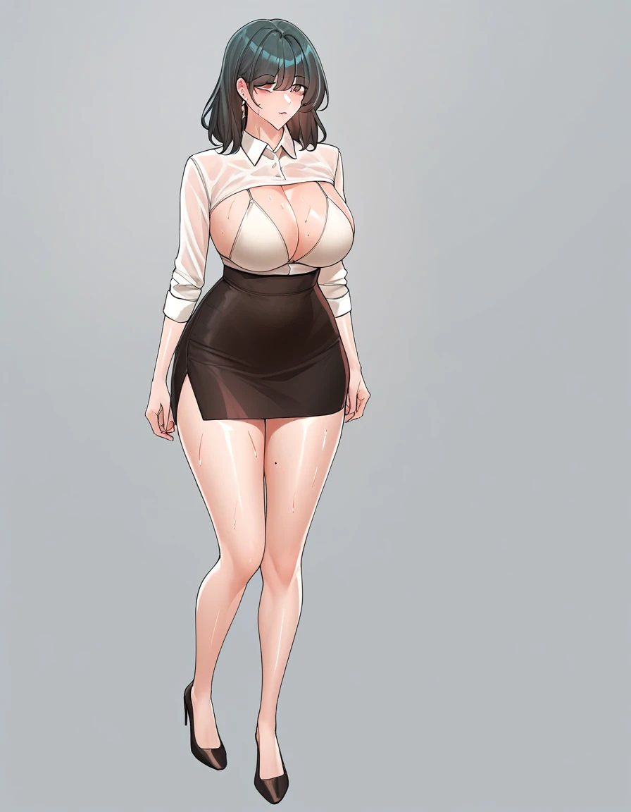 score_9,score_8_up,score_7_up, source_anime, white bikini, full body , sweaty , cowboy shot fw.yerin, large breasts, pencil skirt, white collared shirt, earrings, jewelry