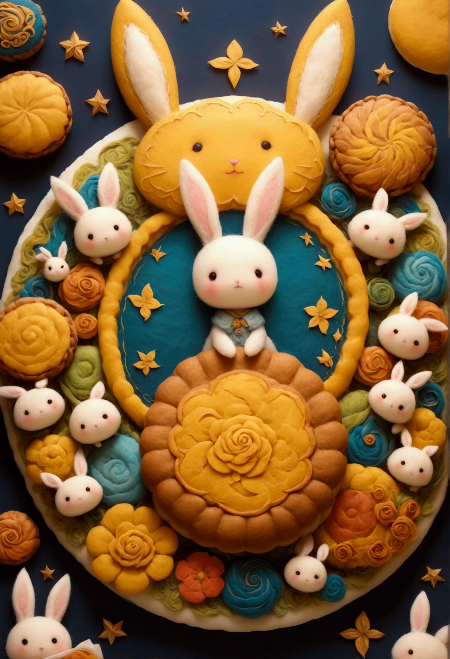 Cute little white rabbit holding a huge moon cake, in the style of wool felt art, with a dark blue and yellow color scheme, featuring colorful cartoon characters, charming character illustrations, soft lighting effects, high resolution, high detail, and best quality.