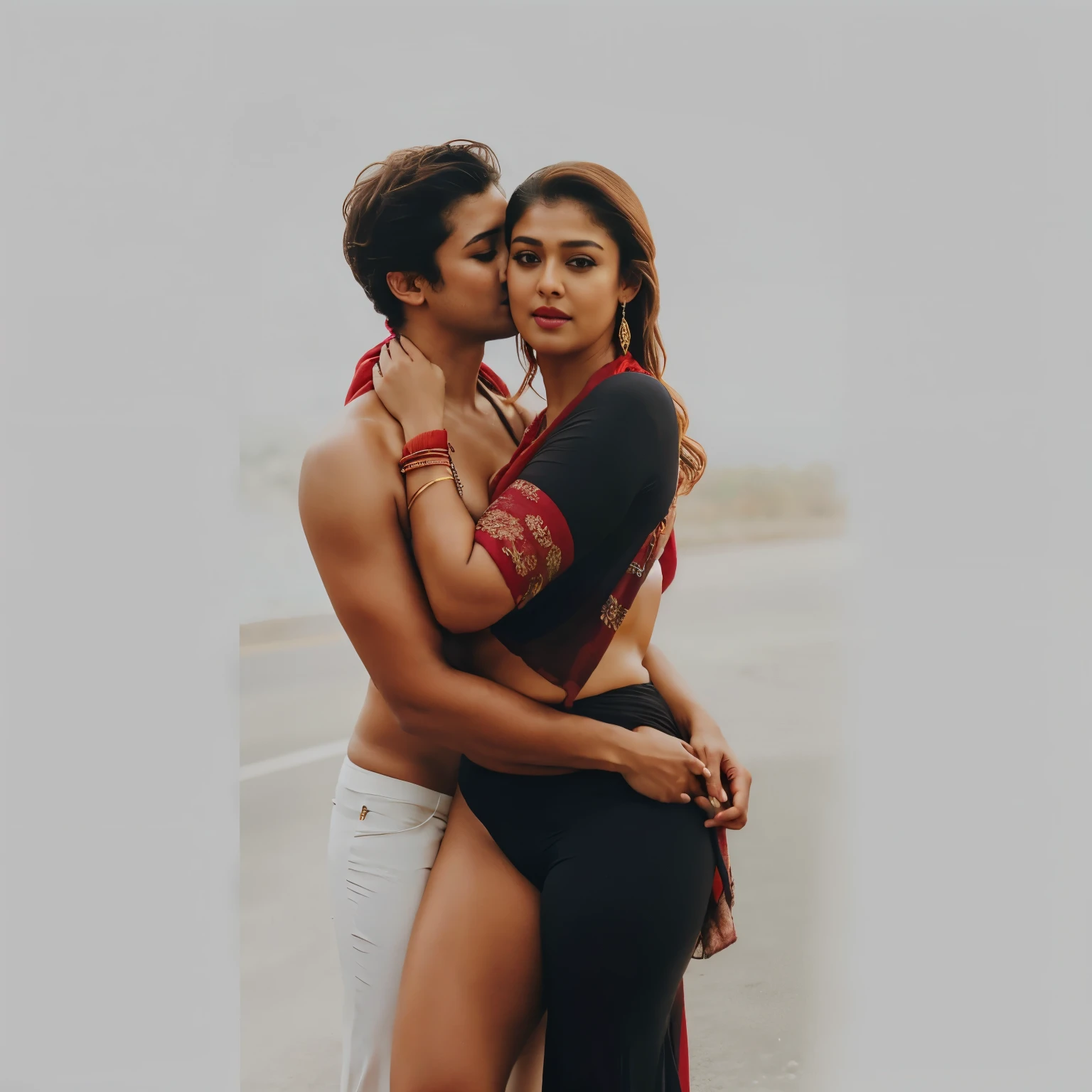 Indian princess show stomach long legs wear jewellers dress type bikini. With 1 man wear formal dress. Forest Lake side. Evening view.Hugging pose in front of camera. Realistic image detail image.