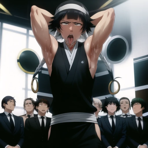 ( Animation screenshots:1.1), thin, Nipple exposure, 1 female, Solitary, Black Hair, Side breast,eternal, short hair, Japanese clothing,  Hip vents, No underwear,short hair, Small Breasts, (White eyes:1.1),No eyeballs, Also available in black, no head gear,,Facing the audience, Looking at the audience, tired, From below, (Exposed armpit:1.1), ((armpit:1.2)), sexly, Sweating, More and more sweat,(Aheiyan), (翻White eyes), Naughty face, blush, open mouth, Sticking out tongue, saliva, Sloppy person,Runny nose,Skinny, Raise your arms, (Raise your arms above your head:1.5), Stick out your tongue, Slobber, White eyes, White eyes球, syncope, Sticking out tongue, 翻White eyes,(muscle:1.1),Tired, Tears, Slobber,  syncope. 