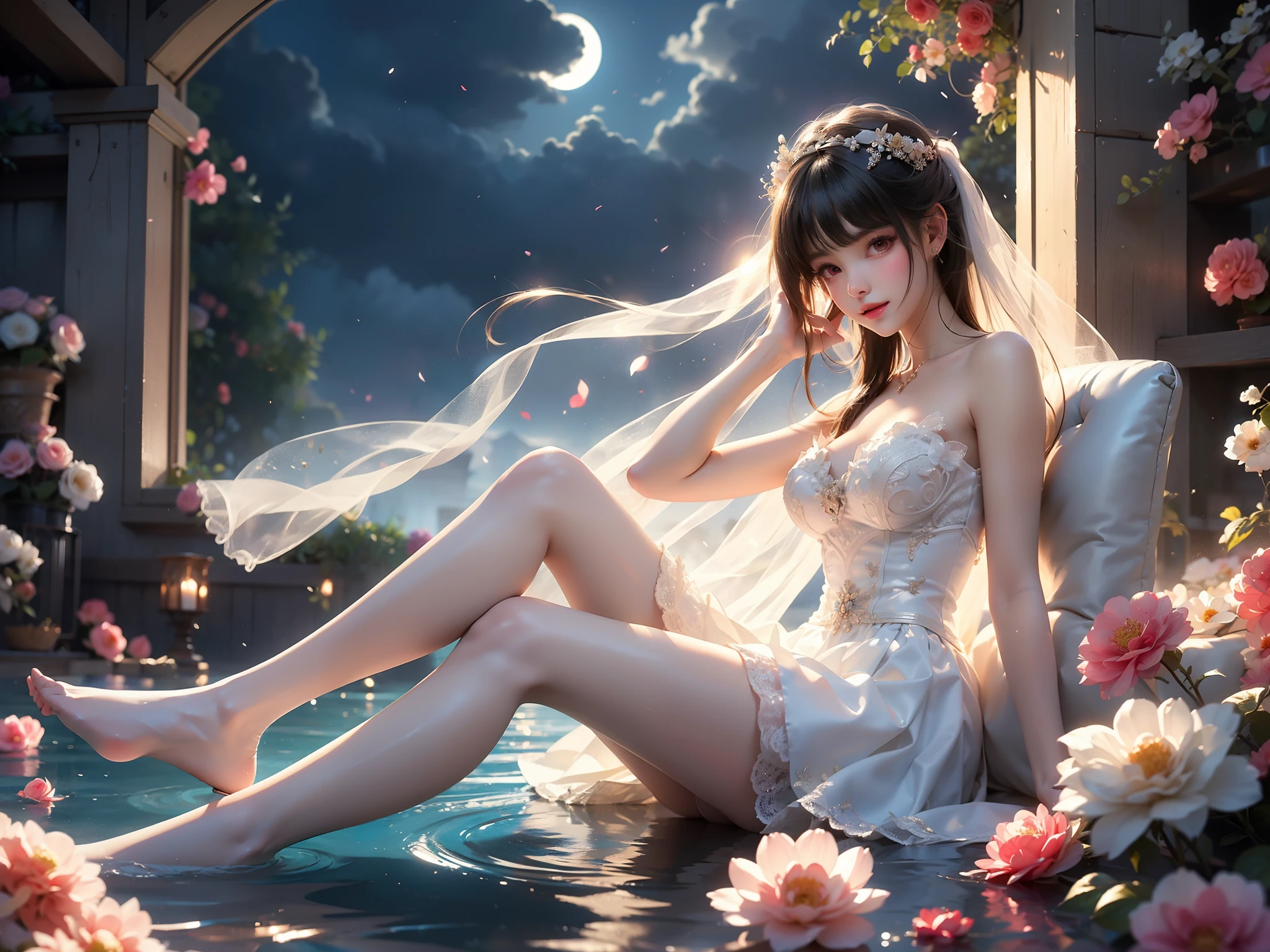 tokisaki kurumi,huajia,wedding dress,, (High quality details), 1 Girl, solo, Young women, Elegant Posture, ((night, moonlight)), (Female figure，Sitting，Sitting in the water，One leg bent，One leg straight，The body leans back，Elbow support，Upper body reclining，Relaxed expression), (Focus on natural body posture and correct anatomy:1.3), (Perfect leg proportions:1.3)，(True and accurate leg shape:1.2), ((Natural leg position)), The skirt is very short, One hand stroked the hem of the skirt, Lift the hem of the skirt, Bare shoulders, Natural posture, Soft expression, Exquisite makeup, Soft blush, Bright Eyes, Soft lips, Flower fairy style, ((Anatomically accurate)), (Real natural legs), Smooth skin, Soft lighting, high resolution, 8K Ultra HD, Clear focus, Professional photography effects, Random elegant scenes, Multi-angle shooting