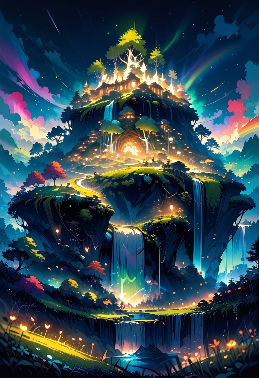 masterpiece, Best quality, high quality, computer graphics, 8 K, landscape, night, sky, clouds, No Man ,lush forest, Beautiful waterfall, Rainbow, Fantasy image, Firefly, Moonlight, Aurora, tree, black snake on tree, apple herd, Elk, Albino deer, white rabbit,