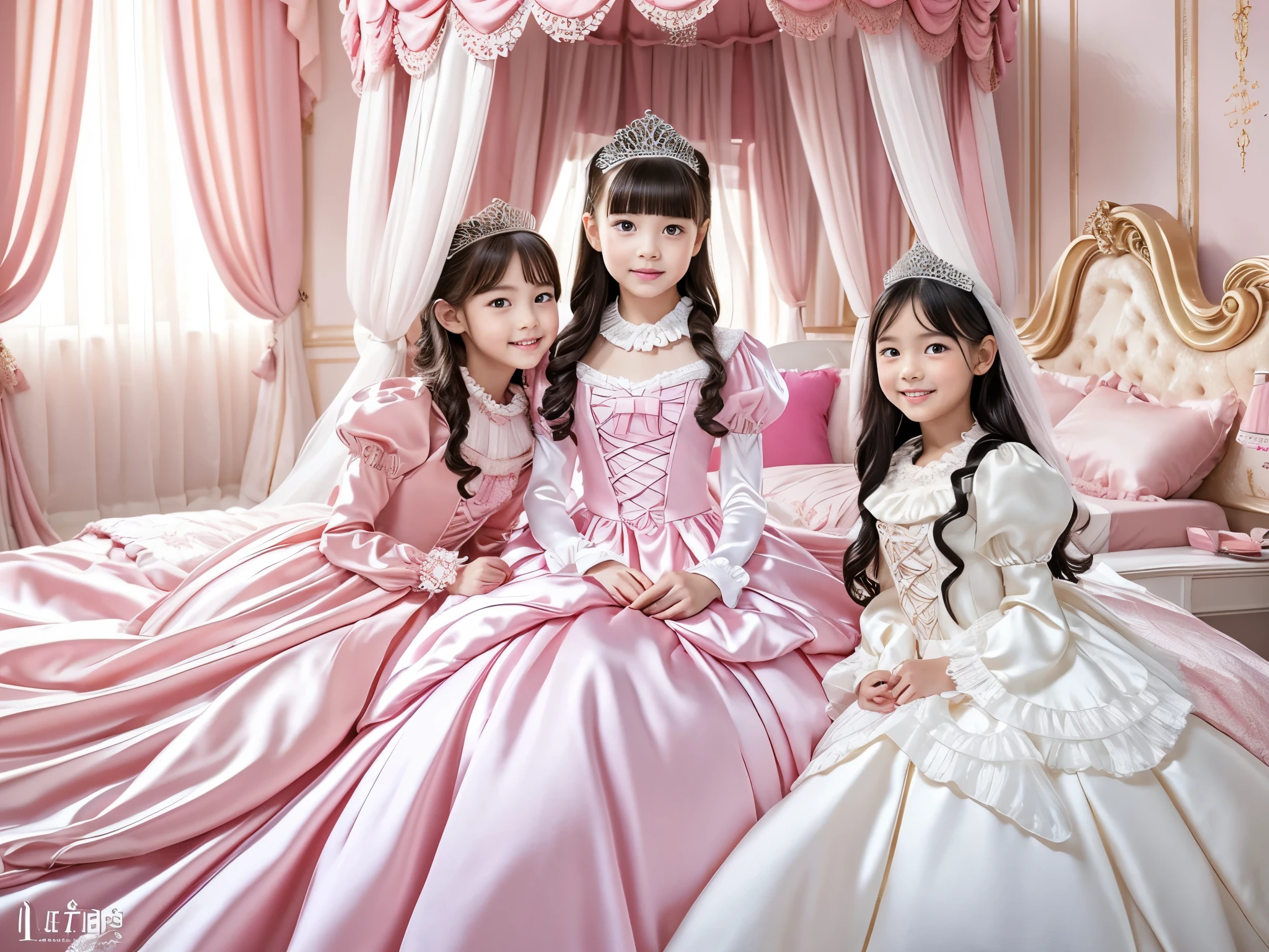 ,highest quality, masterpiece, highest resolution, artwork, super それにget used to it, many get used to it, get used to it, それにget used to it, 3k realistic pictures,,((  girls)),((twelvera-detailed juvenile face,three are princesses,full length ball gown dress with hoop skirt,ruffled yoke collar,puff sleeves,long sleeve,((Lolita style hot pink detailed princess satin dress with lots of ruffles and ribbons)),Rococo style lolita fashion,shiny satin dress,Soft and smooth fabric,luxury,long blonde hair,blue eyes,white skin european,Pajama,((in the bedroom)),Ultra detailed luxury princess canopy bed,Silk satin  frilled pink pillows,Silk satin pink bed sheets,they are lying on the bed,High-quality background,