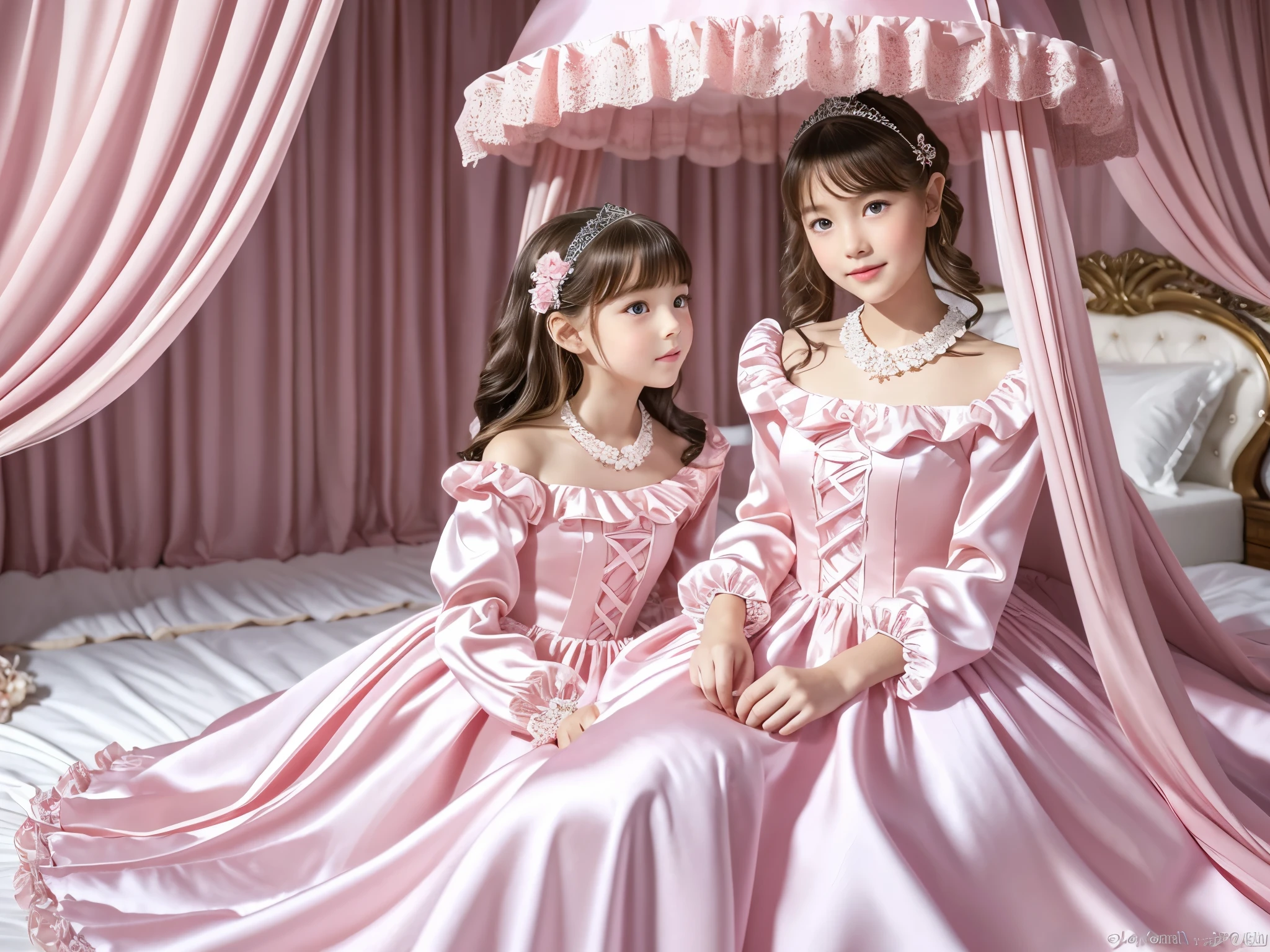 ,highest quality, masterpiece, highest resolution, artwork, super それにget used to it, many get used to it, get used to it, それにget used to it, 3k realistic pictures,,(( girls)),((twelvera-detailed juvenile face,three are princesses,full length ball gown dress with hoop skirt,ruffled yoke collar,puff sleeves,long sleeve,((Lolita style hot pink detailed princess satin dress with lots of ruffles and ribbons)),Rococo style lolita fashion,shiny satin dress,Soft and smooth fabric,luxury,long blonde hair,blue eyes,white skin european,Pajama,((in the bedroom)),Ultra detailed luxury princess canopy bed,Silk satin frilled pink pillows,Silk satin pink bed sheets,they are lying on the bed,High-quality background,