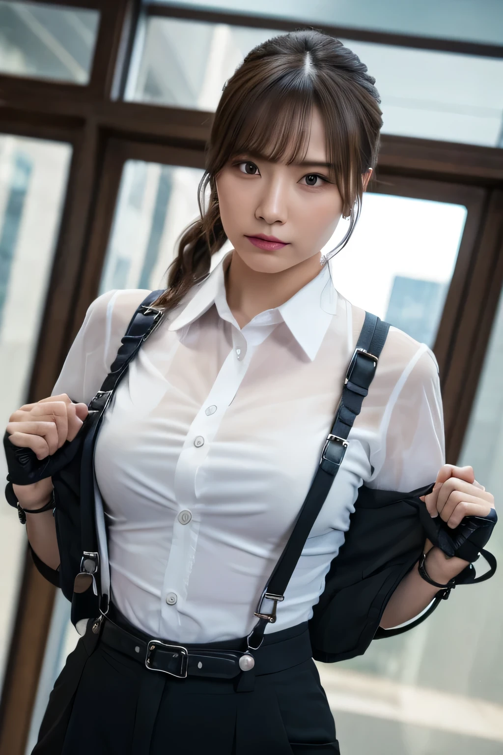 a woman in a suit, belt, hands behind back, sweating, suspenders, black pants, sexly, large breasts, see-through clothing, rain, detective, office worker, white button-up shirt, (best quality,4K,8k,highres,masterpiece:1.2),ultra-detailed,(realistic,photorealistic,photo-realistic:1.37),hyper-detailed,highly detailed face and body, Slender　thin　suspenders　Moderate breasts　See-through shirt　Nipples　holster　chain　Pistol　Armament　criminal　Female criminal　knife 　 Hands Behind Back　Constraints　handcuffs　Cable ties　Cable ties on thumbs
