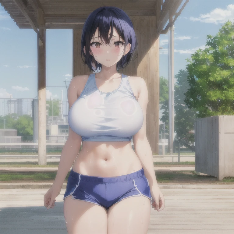 Anime image of a woman wearing a white tank top and blue shorts, tits, Naughty anime style, Naughty, Boyish beautiful anime girl, Enchanting anime girl, Big Breasts!!, Real young gravure idol, Anime Moe Art Style, 8k!, High resolution!!, Sweat!!, vapor!!, Tall, Huge Breasts!!, Abdominal muscles