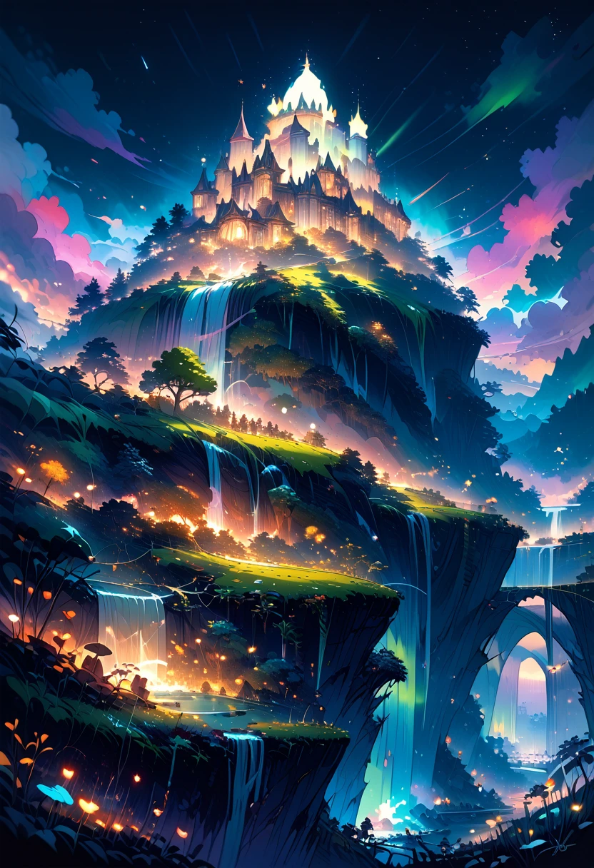 masterpiece, Best quality, high quality, computer graphics, 8 K, landscape, night, sky, clouds, No Man ,lush forest, Beautiful waterfall, Rainbow, Fantasy image, Firefly, Moonlight, Aurora, tree, black snake on tree, apple herd, Elk, Albino deer, white rabbit,