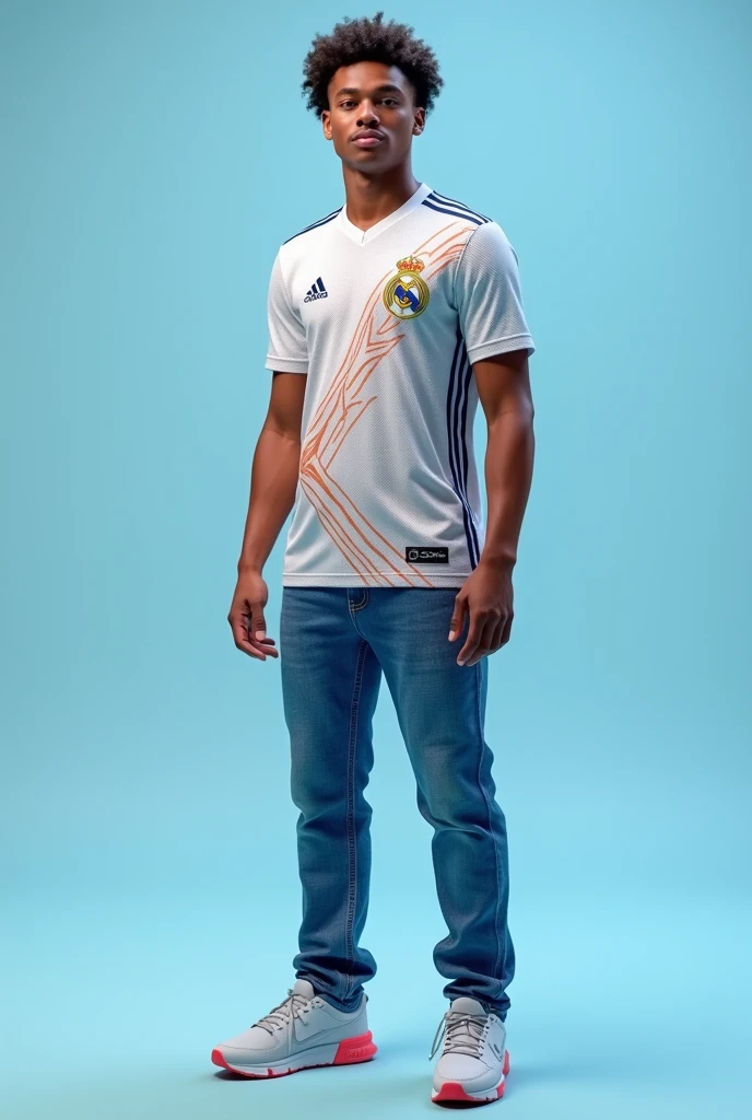 generates a black soccer kit design ,blue and white that has space for sponsors, that the predominant colors are blue and white and that the design on the back can also be seen