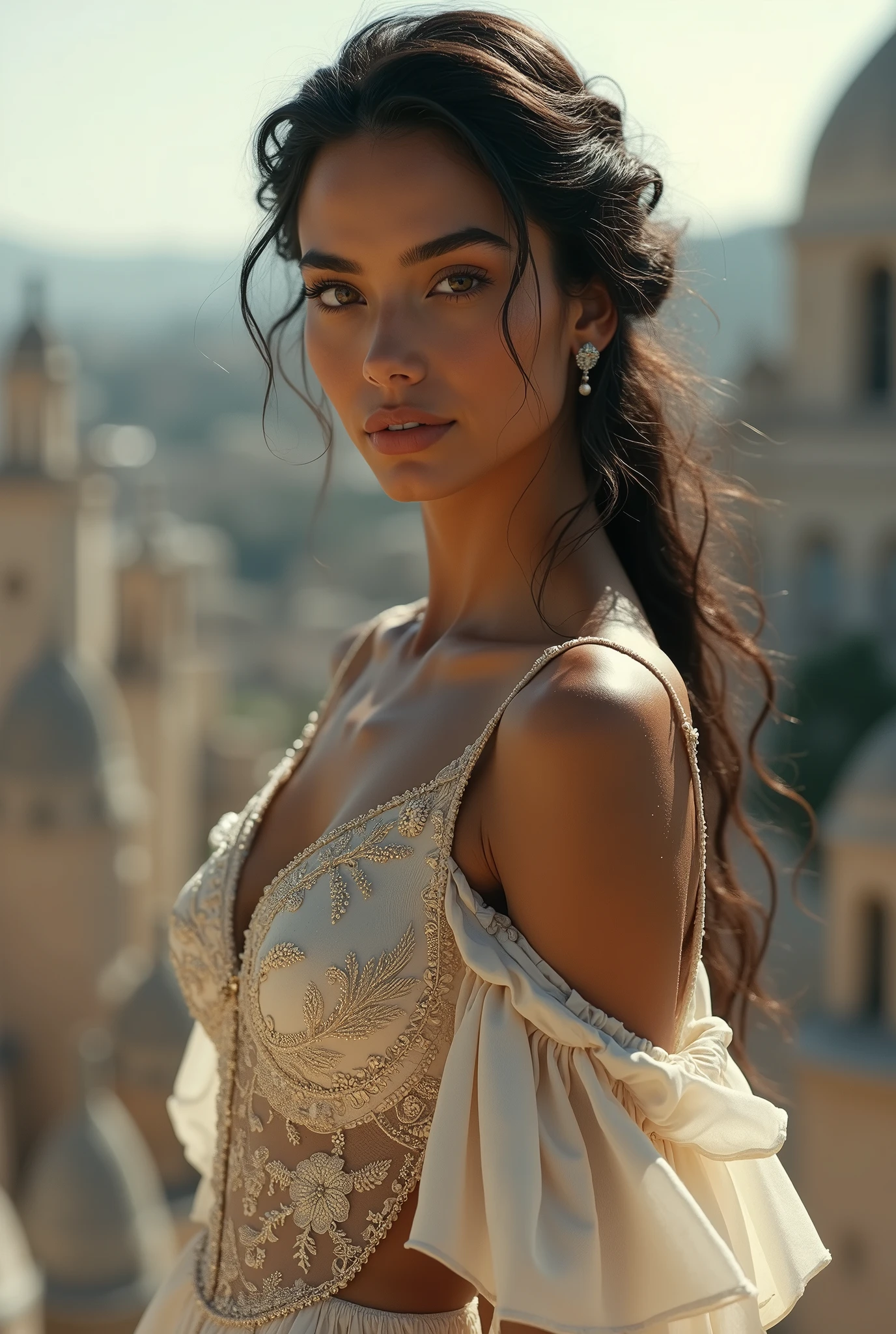 A beautiful woman, looking at viewer, curvy body, pale skin, fine feature, sharp gaze, long hair, dark haired, one braid, show forehead, flowers choker, ancient greek clothing, tied corset, backless dress, silky fabric texture, white clothes. Outdoors, on the balcony of the circus, gothic architecture, rope lights, night sky. ((Masterpiece, Best Quality, Highest Image Quality, High Resolution, Photorealism, RAW Photos, 8k)),