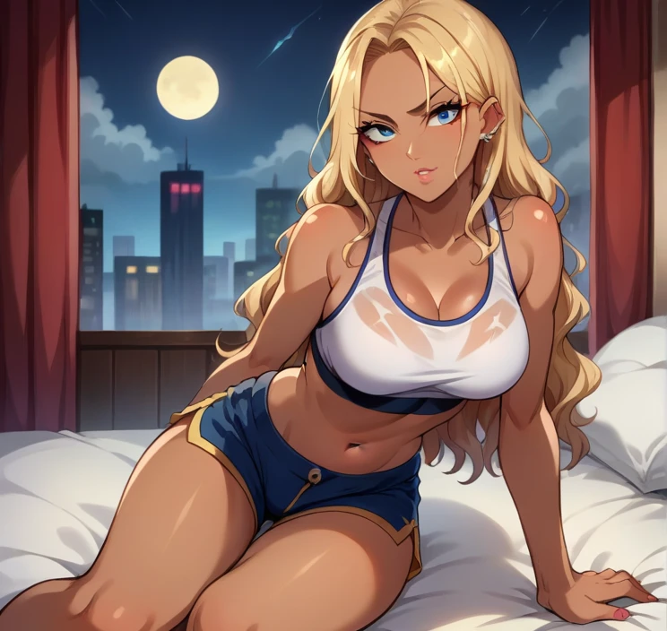 score_9, score_8_up,score_7_up, source_anime, 1girl, solo, Storm(X-Man)
, blue eyes,blonde hair, very long hair,medium breasts, perfect body, nice body, curvy,ear piercing, (all white sports bra,shorts),bedroom, at a dark room, at night , city view from the window, gyaru,Wavy Hair, Parted Bangs, 