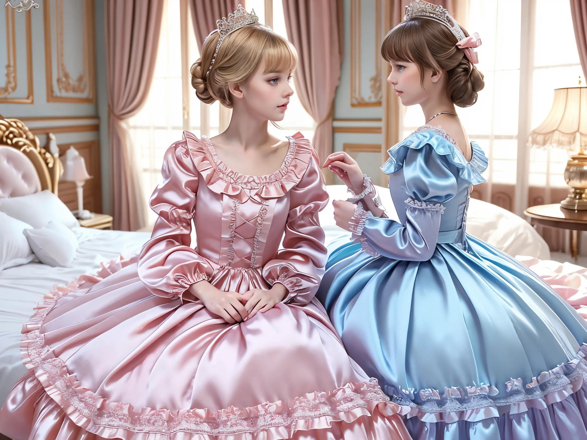 ,highest quality, masterpiece, highest resolution, artwork, super それにget used to it, many get used to it, get used to it, それにget used to it, 3K realistic photos,,(( )),Super detailed baby face,thth princesses,Full length ball gown dress with hoop skirt,ruffle yoke collar,puff sleeves,long sleeve,((Lolita style pastel colors detailed princess satin dress、Comes with lots of frills and ribbons。)),Colorful fashion in rococo style,shiny satin dress,Soft and smooth fabric,luxury,long blonde hair,blue eyes,white skin european,pajamas,((inside the palace bedroom)),Canopy bed,Princess Bed,Sitting on the bed,detailed bed,