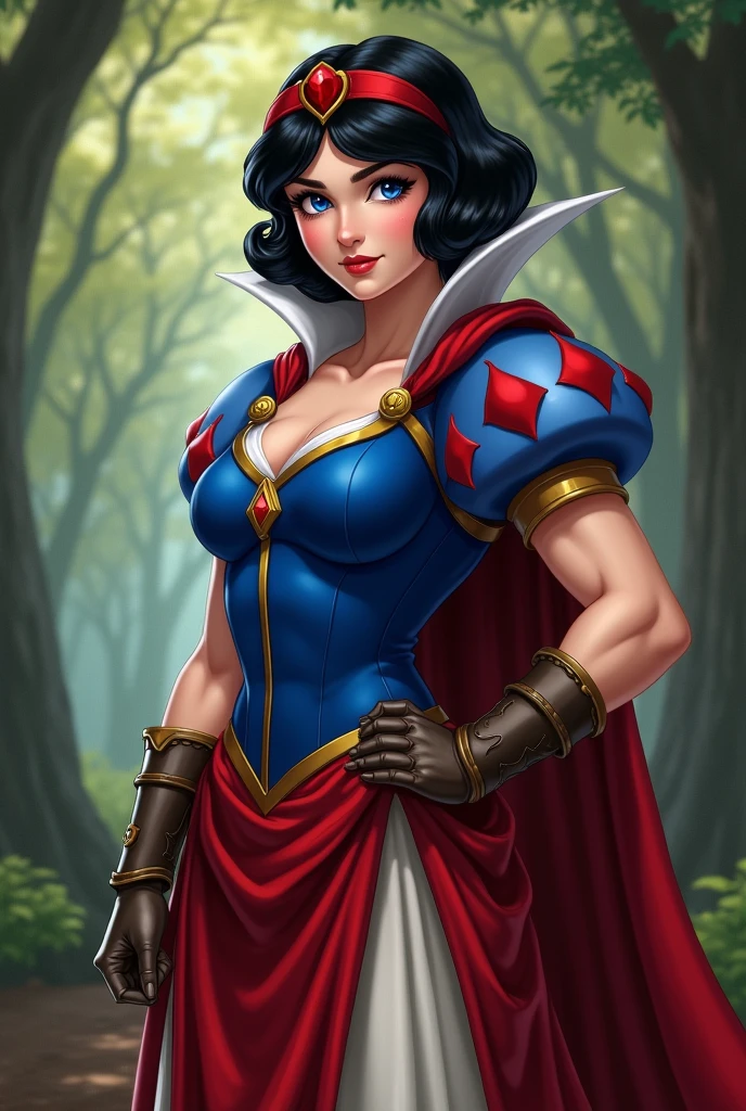 Beautiful and dynamic snow white character pose with body in symmetry a beast with corset and beautiful breasts, corpo bem definido, delicado e sensual, estilo de desenho animado, digital illustration
