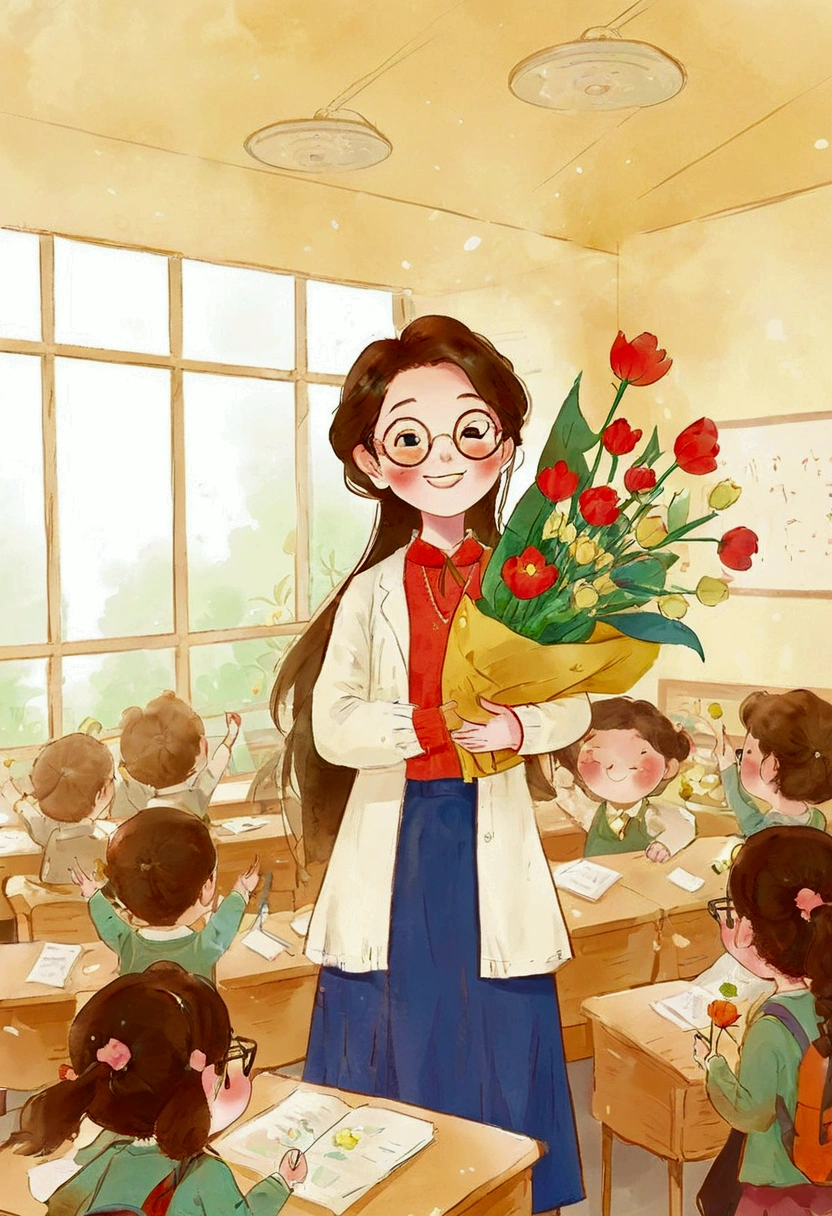 The classroom is filled with sunshine in the afternoon, A teacher wearing glasses happily holds flowers sent by students, warm tone, teacher's character design
