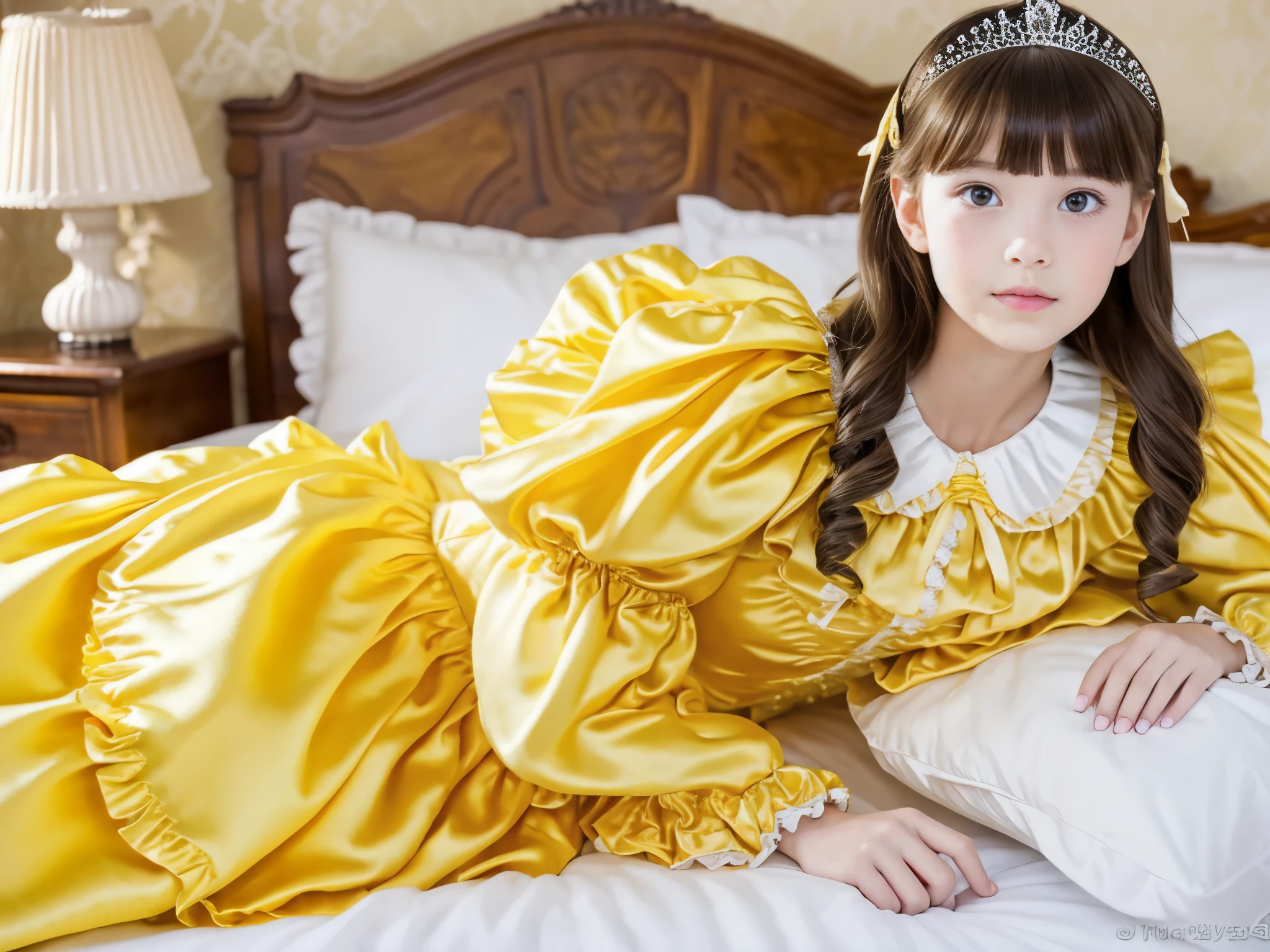 ,highest quality, masterpiece, highest resolution, artwork, super それにget used to it, many get used to it, get used to it, それにget used to it, 3k realistic pictures,,(( girls)),Ultra-detailed juvenile face,three are princesses,full length ball gown dress with hoop skirt,ruffled yoke collar,puff sleeves,long sleeve,((Lolita style yellow detailed princess satin dress with lots of ruffles and ribbons)),Rococo style lolita fashion,shiny satin dress,Soft and smooth fabric,luxury,long blonde hair,blue eyes,white skin european,Pajama,((in the bedroom)),luxury princess canopy frilled bed,super detailed yellow silk satin bed,lot of yellow frilled pillows,lying on the bed,High-quality background,