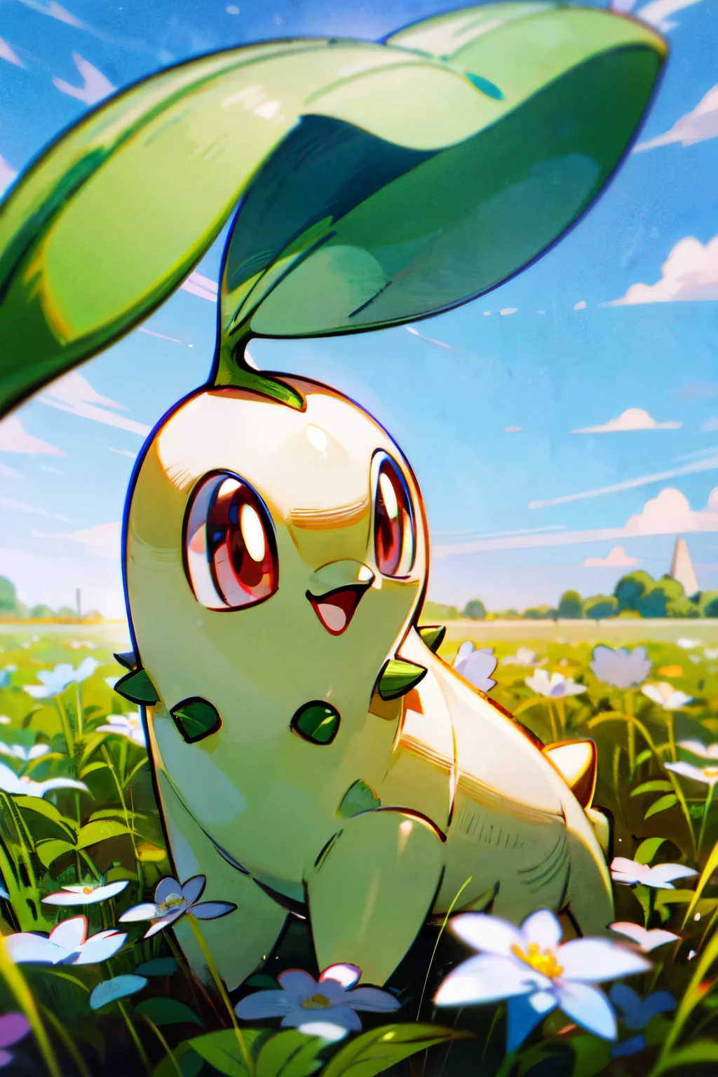 (masterpiece, best quality:1.2), highly detailed, close-up, illustration, 1pokemon, chicorita, Chikorita_Pokemon, happy, blue sky, white flower field background, absurdres