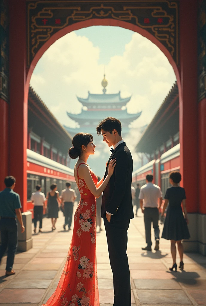 "Forbidden City, wedding photos, Chinese wedding dress, embroidery, blue sky and white clouds, husband and wife, men's show he, Taihe Hall, love, smile, sunny, grand and wide scene, exquisite details, super high detail, excellent shadow shading treatment, excellent production, best picture quality, official art."