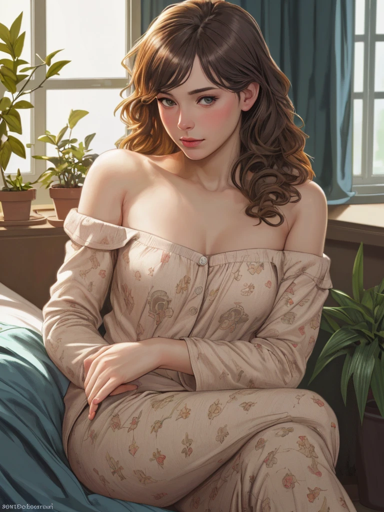 (photorealism:1.2), beautiful woman, sitting on bed, wearing loose off-shoulder top, pajama pants, long curly hair, indoors, soft lighting, plants in background, window with sunlight, cozy room, relaxed pose, realistic, intricate details, warm colors, by Greg Rutkowski, by Alphonse Mucha