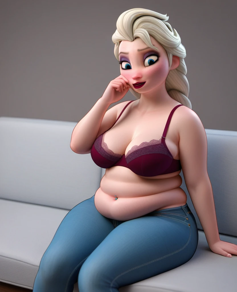 (( 3D, a slim and short Man,a Man pinching elsa's cheeks,A Man pinching and  touching Elsa's Belly )) ,Tall ,slim faced Surprised Elsa,literally gained a plump belly,Trying to wear jeans but they don't fit because she gained put on weight,fullbodyimage,Raised Eyebrows, Plump body,The button on the jeans does not close because of her belly,navel piercing, Plump Belly, Her Tight Jeans Cannot Cover Her Hips ,sit on the couch,Red Lips,jeans button popping,triangle body shaped,wearing a bra