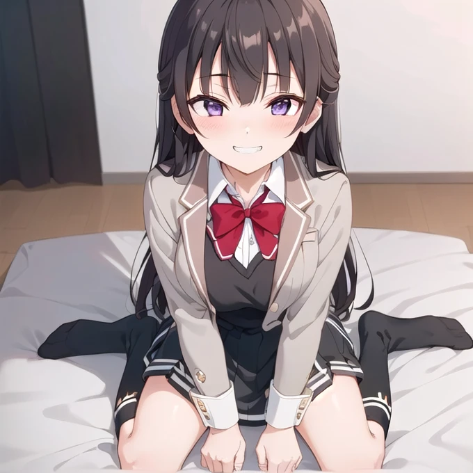 ((((((full body shot)))))),masterpiece:1.2), Highest quality,((((High resolution)))), unity 8k wallpaper, (shape:0.8), ((((Highly detailed face)))), Perfect lighting, (((Extremely detailed CG))),(((One girl))), bangs, Black Hair,Blurred, Blurred background, blush, bow, bowtie, Purple eyes, Brown Hair, Bush, Collared shirt, Depth of written boundary, dress, Eyebrows visible through hair, Flesh-colored jacket, Long Hair, Long sleeve, Open clothes, open jacket, red bow, red bowtie, school uniform, ((White shirt)), skirt,  smile, very Long Hair,((Knee-high socks)),(((Black socks))),(Black vest),((((Center of bed)))),(((((((wariza))))))),((Big Breasts)) ,(((Grinning face))),((Teeth are visible))