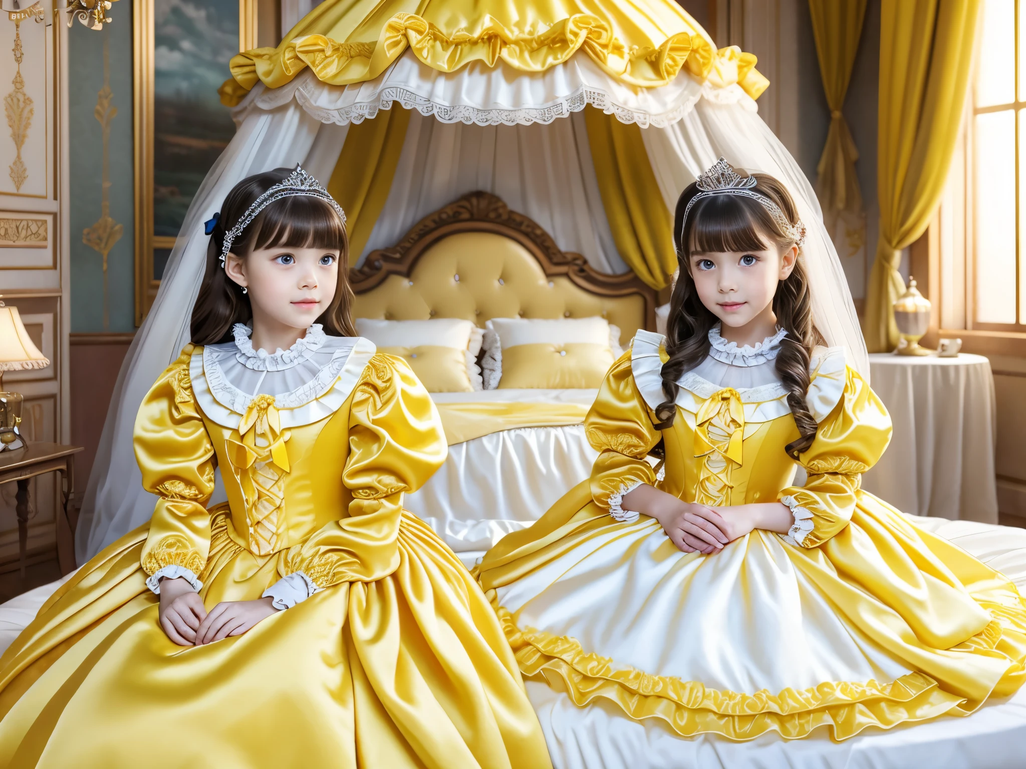 ,highest quality, masterpiece, highest resolution, artwork, super それにget used to it, many get used to it, get used to it, それにget used to it, 3k realistic pictures,,(( girls)),Ultra-detailed juvenile face,three are princesses,full length ball gown dress with hoop skirt,ruffled yoke collar,puff sleeves,long sleeve,((Lolita style yellow detailed princess satin dress with lots of ruffles and ribbons)),Rococo style lolita fashion,shiny satin dress,Soft and smooth fabric,luxury,long blonde hair,blue eyes,white skin european,Pajama,((in the bedroom)),luxury princess canopy frilled bed,super detailed yellow silk satin bed,lot of yellow frilled pillows,lying on the bed,High-quality background,