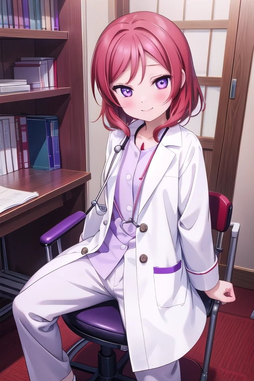 Maki Nishikino、Embarrassed smile、Bedroom、Red hair、Purple Eyes、Long white coat,Wearing a white coat，doctor,Examination room、Put a stethoscope around your neck、Sit in the examination chair、One girl, solo, One girl, 