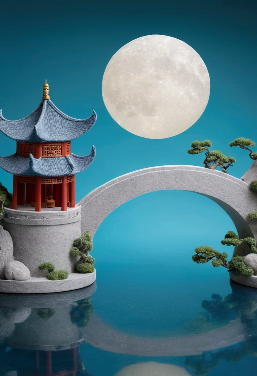 Guanghan Palace，Felt texture，Chinese Mythology，round moon，Traditional Chinese architecture，3D cartoon miniature scene, with a calm water surface background, blue water surface，Miniature Landscape，The moon reflected in the water