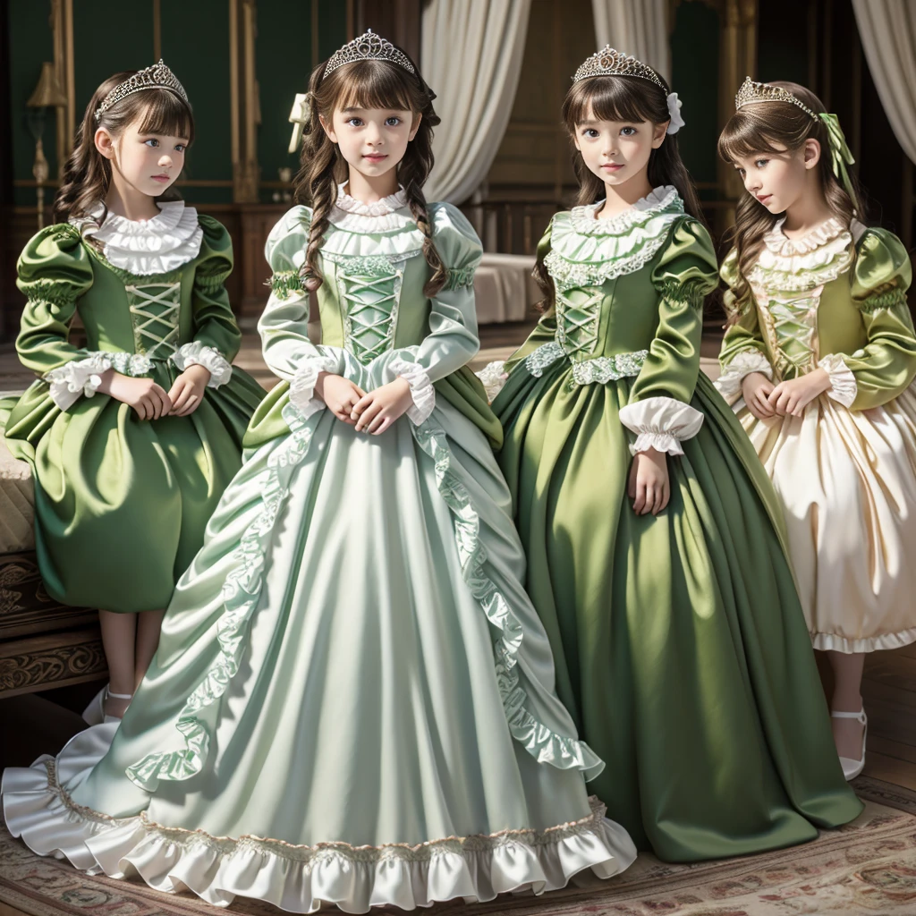 ,highest quality, masterpiece, highest resolution, artwork, super それにget used to it, many get used to it, get used to it, それにget used to it, 3k realistic pictures,,(( ***********s)),Ultra-detailed juvenile face,three are princesses,full length ball gown dress with hoop skirt,ruffled yoke collar,puff sleeves,long sleeve,((****ta style green detailed princess satin dress with lots of ruffles and ribbons)),Rococo style ****ta fashion,shiny satin dress,Soft and smooth fabric,luxury,long blonde hair,blue eyes,white skin european,Pajama,((in the bedroom)),luxury princess canopy frilled bed,super detailed bed,they are lying on the bed,High-quality background,