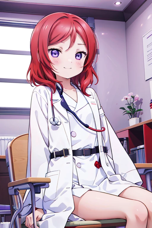 Maki Nishikino、Embarrassed smile、Bedroom、Red hair、Purple Eyes、Long white coat,Wearing a white coat，doctor,Examination room、Put a stethoscope around your neck、Sit in the examination chair、One girl, solo, One girl, 