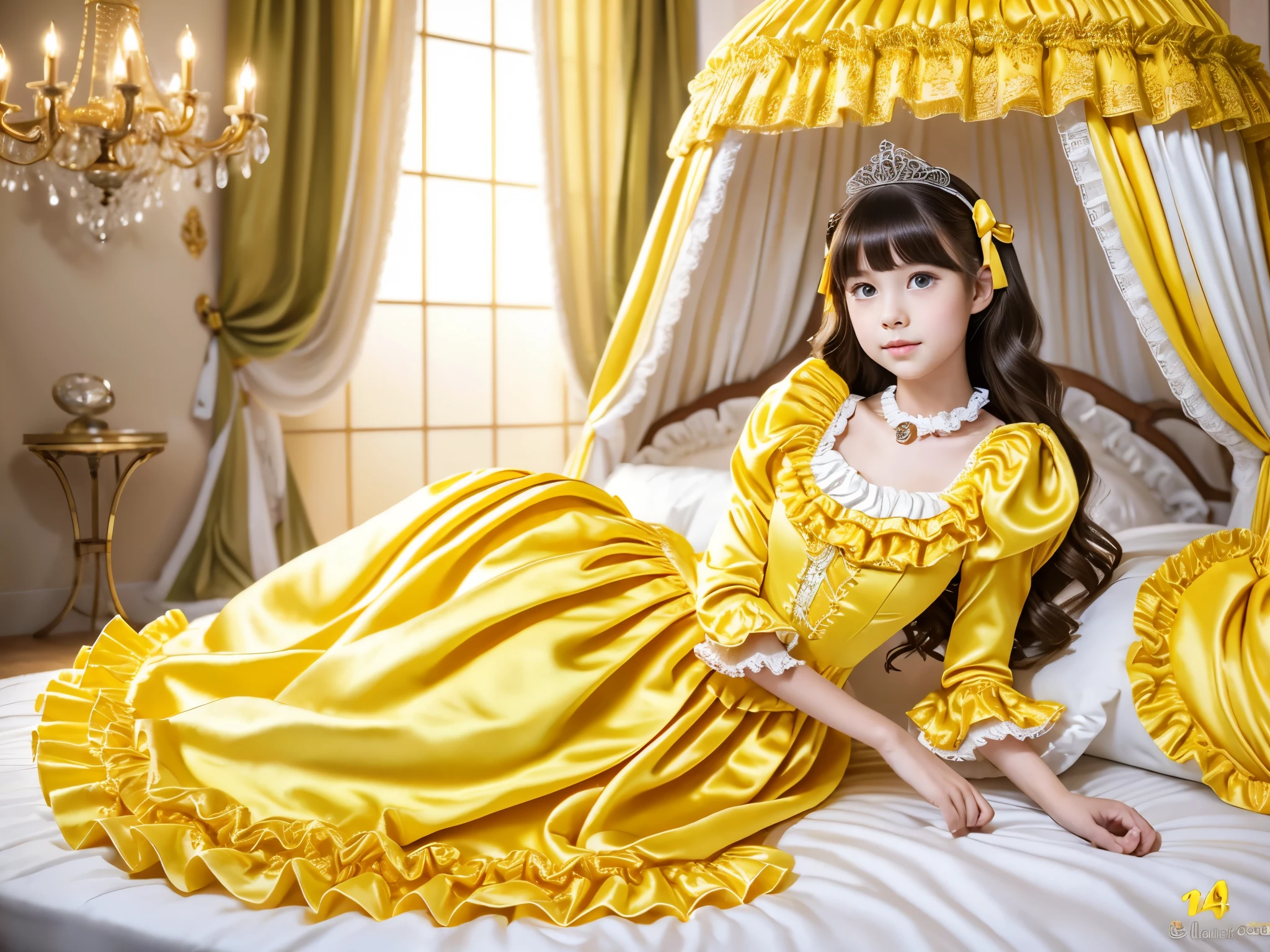 ,highest quality, masterpiece, highest resolution, artwork, super それにget used to it, many get used to it, get used to it, それにget used to it, 3k realistic pictures,,(( girls)),Ultra-detailed juvenile face,three are princesses,full length ball gown dress with hoop skirt,ruffled yoke collar,puff sleeves,long sleeve,((Lolita style yellow detailed princess satin dress with lots of ruffles and ribbons)),Rococo style lolita fashion,shiny satin dress,Soft and smooth fabric,luxury,long blonde hair,blue eyes,white skin european,Pajama,((in the bedroom)),luxury princess canopy frilled bed,super detailed yellow silk satin bed,lot of yellow frilled pillows,lying on the bed,High-quality background,