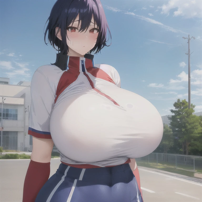 Anime image of a woman wearing an athletics uniform, tits, Naughty anime style, Naughty, Boyish beautiful anime girl, Enchanting anime girl, Big Breasts!!, Real young gravure idol, Anime Moe Art Style, 8k!, High resolution!!, Sweat!!, vapor!!, Tall, Huge Breasts!!!!, Abdominal muscles