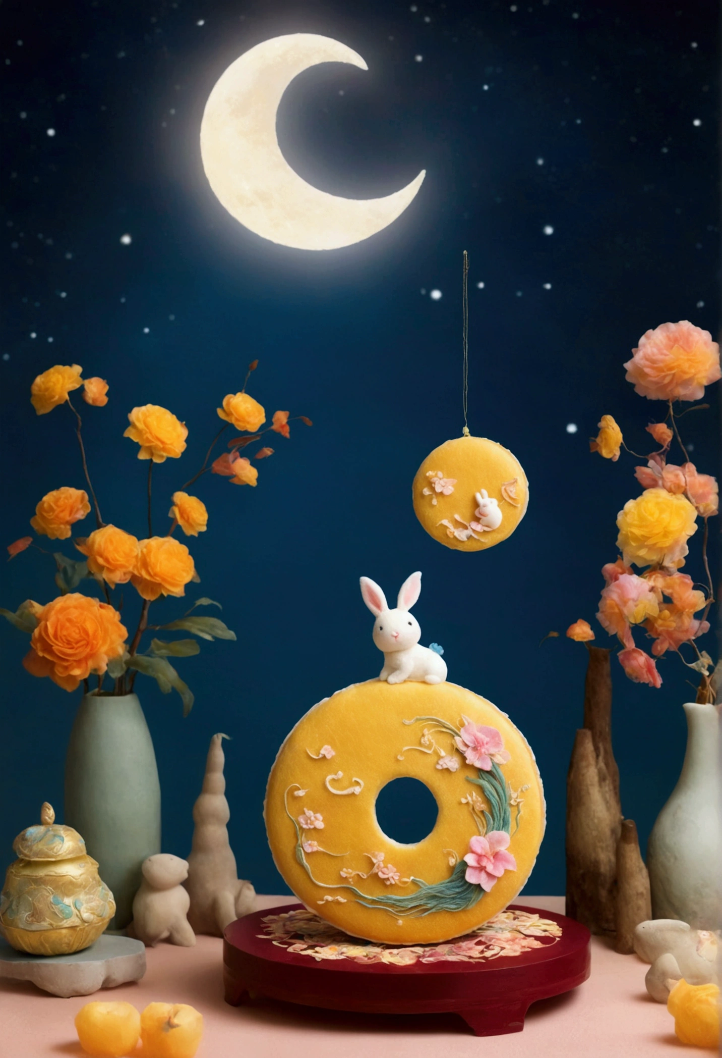 n the felt style of the picture, from the bird's eye view, a huge plush moon cake looks like a warm island, lying quietly there, the moon cake "Mid-Autumn Festival" The two words are particularly eye-catching, as if telling an ancient reunion story, surrounded by the quiet night sky, hazy clouds like gauze fluttering, glittering stars just like bright gems dotted among them, the whole scene is full of vitality and interest, as if a dream of the Mid-Autumn Festival fairy tale world, let people indulge in this beautiful atmosphere, the heart is full of reunion and love for life The lovely rabbit is holding another moon cake, colorful flowers and grass.