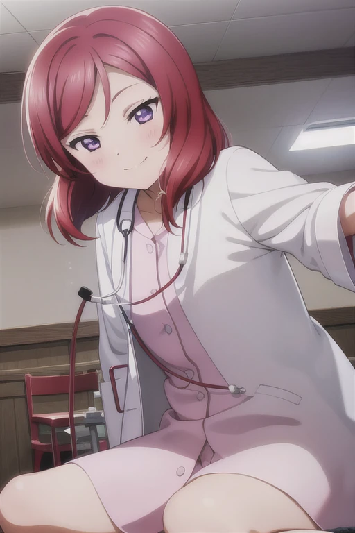 Maki Nishikino、Embarrassed smile、Bedroom、Red hair、Purple Eyes、Long white coat,Wearing a white coat，doctor,Examination room、Put a stethoscope around your neck、Sit in the examination chair、One girl, solo, One girl, 